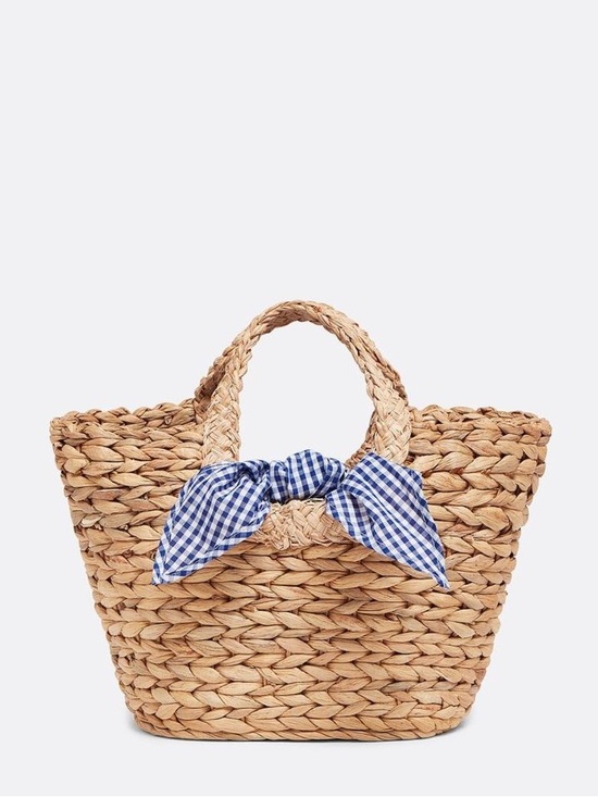 Draper James Handbags - Draper James Reese Straw Tote Natural Woven Beach Bag Blue Gingham Lining NWT